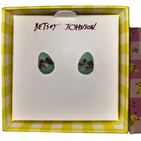 BETSEY JOHNSON Pastel Green Easter Eggs & Crystal Accents Stud Earrings NEW NWT - Picture 1 of 4